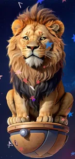 Majestic lion sits on a cosmic orb against a starry background.