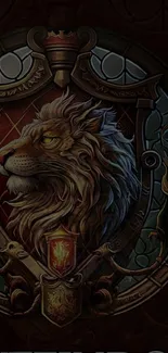 Majestic lion stained glass art wallpaper with intricate design.