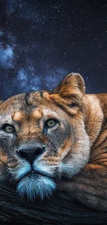 Lion resting under a starry night sky with a deep blue backdrop.