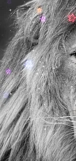 Black and white lion with starry effects on a mobile wallpaper.