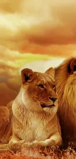 Majestic lion and lioness in a sunset landscape wallpaper.