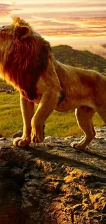 Majestic lion roaring at sunset on a rocky ledge in savannah landscape.