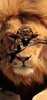 Majestic lion with tattoo overlay design.