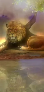 Majestic lion resting by the lake under a vibrant sunset sky.