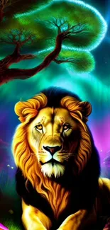 Colorful lion under vibrant aurora in a surreal landscape.