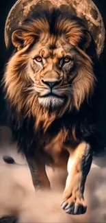 Majestic lion walking under a full moon, surrounded by ethereal mist.