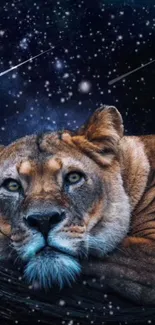 Lion resting under a vibrant starry night sky with shooting stars.