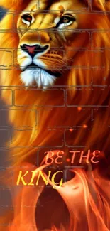 Mobile wallpaper of a majestic lion with fiery mane and 'Be the King' text.