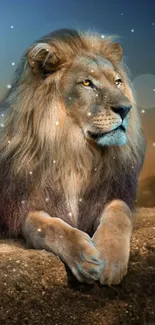 Majestic lion resting on a rock with a serene background.