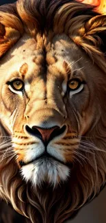 Stunning lion with fiery mane wallpaper for mobile phones.