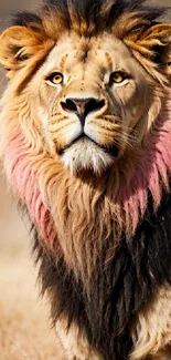 Majestic lion with a pink-tinged mane in natural setting, mobile wallpaper.