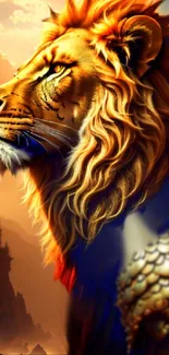 Majestic fantasy lion with golden mane and mystical background.