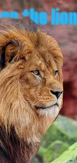 Majestic lion against a natural backdrop with vibrant colors.