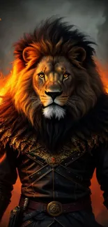 Lion warrior with fiery mane and armor in dramatic mobile wallpaper.