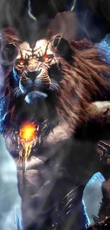 Mythical lion warrior with energy core glowing eyes.