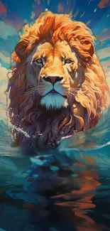 Majestic lion artwork with blue water backdrop.