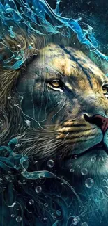 Majestic lion face merged with water art design.