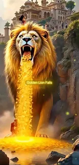 Golden lion with waterfall in fantasy art