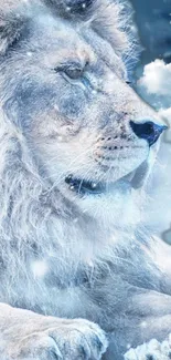 Majestic lion in winter setting with clouds and snow.