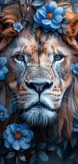 Lion surrounded by blue flowers on a dark background, perfect for mobile wallpaper.