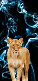 Lion with blue smoke against a black background, creating an artistic phone wallpaper.