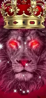 Majestic lion with glowing eyes and crown on a red background.