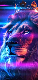 Vibrant digital artwork of a lion wearing a crown, featuring bold royal colors.