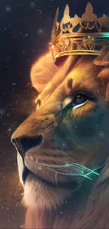 Majestic lion with crown and starry background in dark theme.