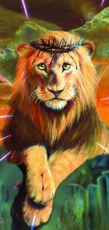 Majestic lion with crown in vibrant wallpaper