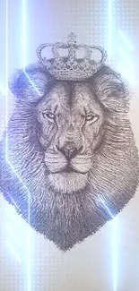 Monochrome drawing of a crowned lion head on a light gray background.