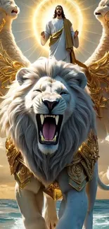Divine figure on a majestic lion with celestial elements.