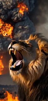 Roaring lion with a fiery background image.