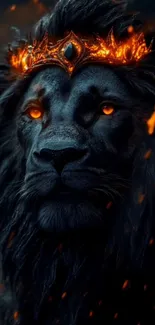 Majestic lion with fiery crown glowing in the dark.