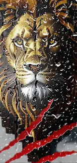 Majestic lion wallpaper with raindrops and vibrant colors for mobile.