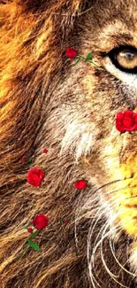 Close-up of lion's face with red roses.