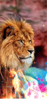 Majestic lion with colorful splash art.