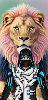 Wallpaper of a lion with pastel mane and a futuristic warrior in front.