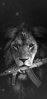 Lion with a weapon in a striking black background wallpaper.