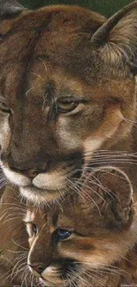 Close-up of a lioness and cub in natural hues.