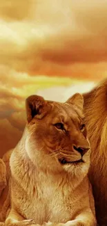 Majestic lioness and lion at sunset with a rich brown background.