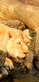 A majestic lioness resting by a tranquil stream in warm golden sunlight.