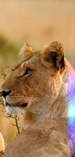 Serene lioness resting in the savannah landscape.