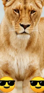 Majestic lioness with playful emoji design on mobile wallpaper.