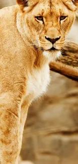 Close-up of a lioness perched on a tree branch.