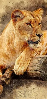 Artistic lioness resting on a log with rustic background.