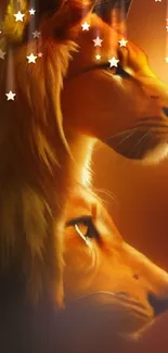 Artistic wallpaper of two majestic lions with an amber background.