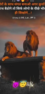 Two majestic lions resting at sunset with a dramatic sky backdrop.