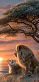 Lions sitting by a tree during a beautiful sunset.