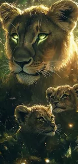 Lion family with glowing eyes in fantasy forest setting.