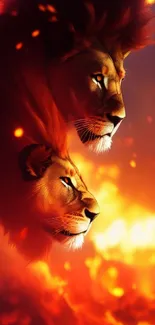 Majestic lions set against a fiery orange background.